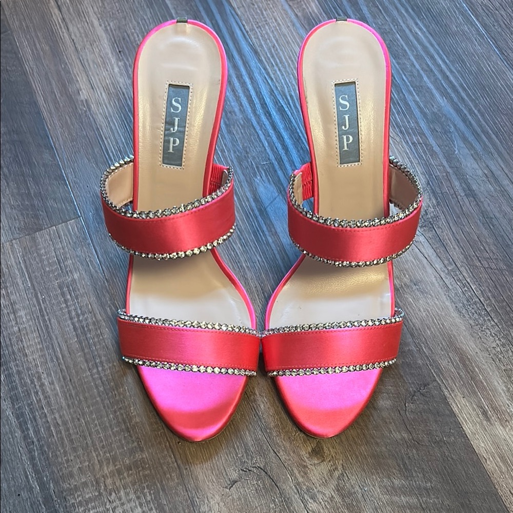 SJP Sarah Jessica Parker Women's Vibrant Pink Satin Heels with Rhinestone detail
